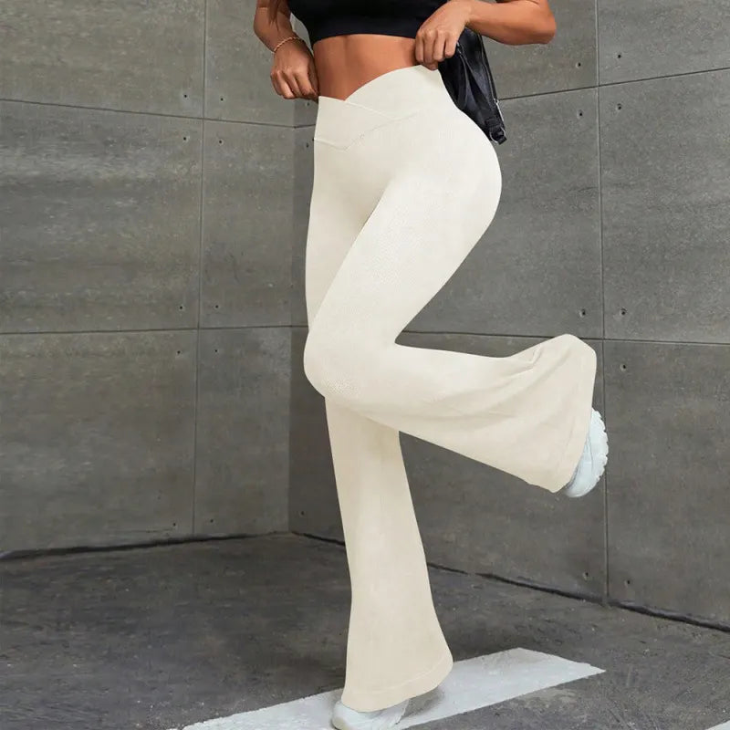 Crossover High Waist Ribbed Flared Pants