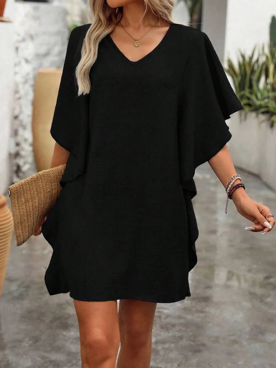 Loose V-Neck Ruffle Sleeve Mini Dress