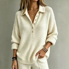 Polo Collar Henley Knit Top, Relaxed Fit Half Placket Cozy Thick Knit Fall Sweater