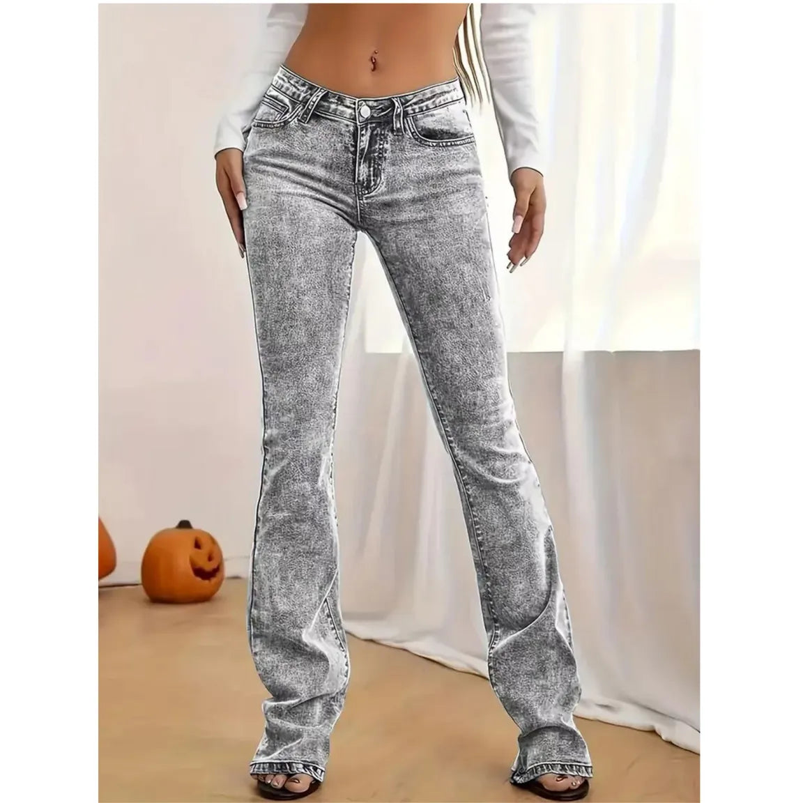 Acid Wash Grey Low Rise Flare Denim Pants