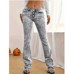 Acid Wash Grey Low Rise Flare Denim Pants