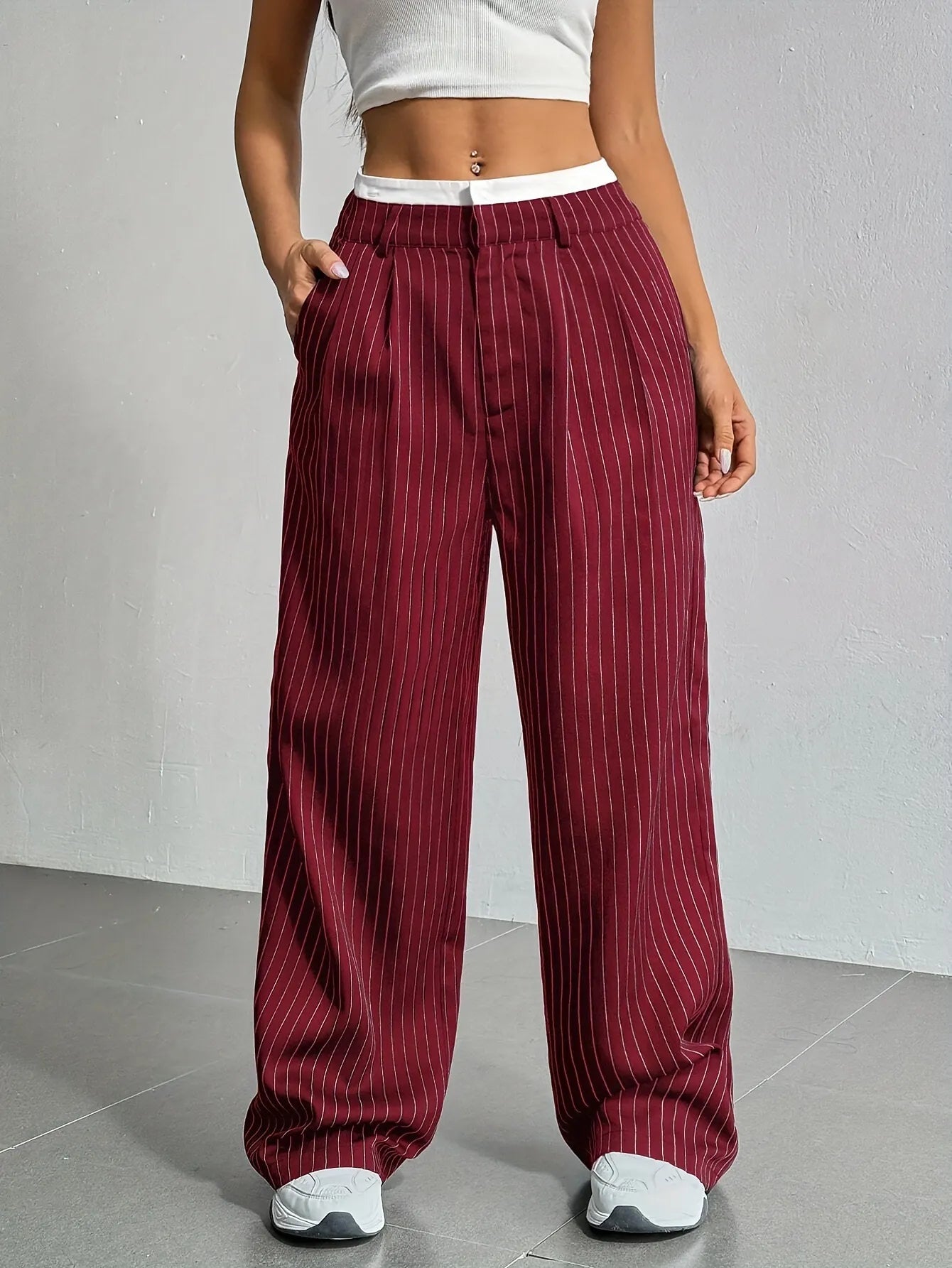 High Waist Striped Loose Wide Leg Suit Pants