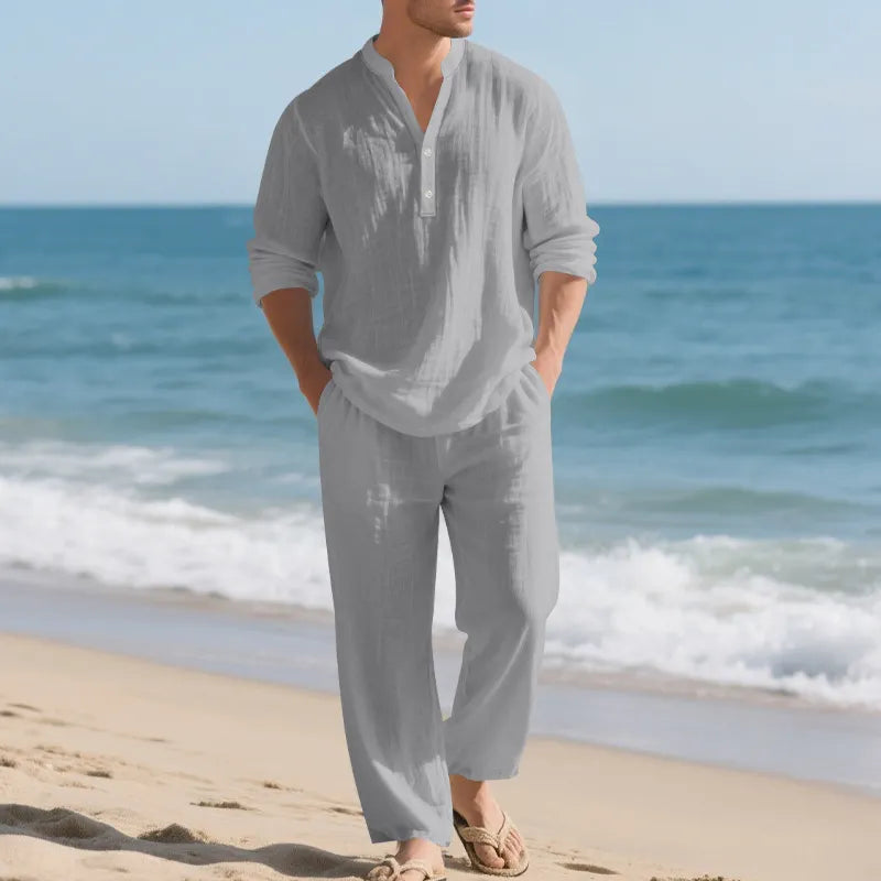 Men Stand Collar Half Button Linen Blend Long Sleeve Shirt