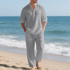Men Stand Collar Half Button Linen Blend Long Sleeve Shirt