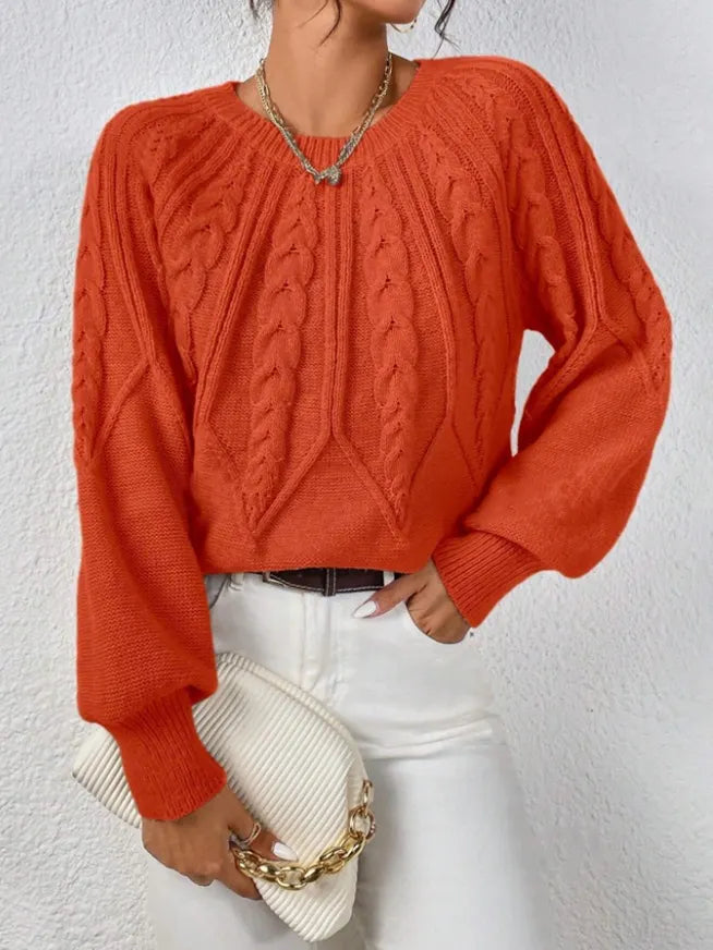 Crew Neck Cable Knit Sweater, Long Lantern Sleeve Loose Solid Pullover