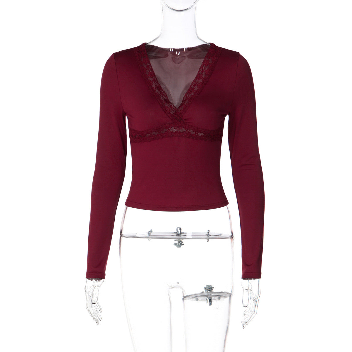 Lace Detail V-Neck Wrap Crop Top, Long Sleeve Slim Fitted Wine Red Going Out Top