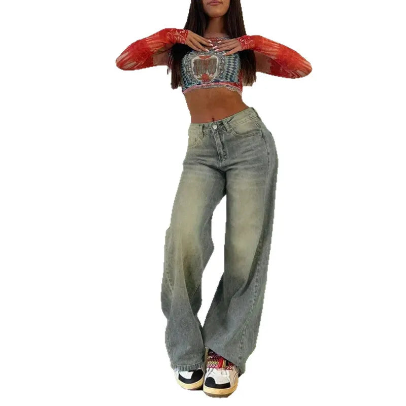 Vintage Washed Gradient Baggy Denim Wide Leg Jeans