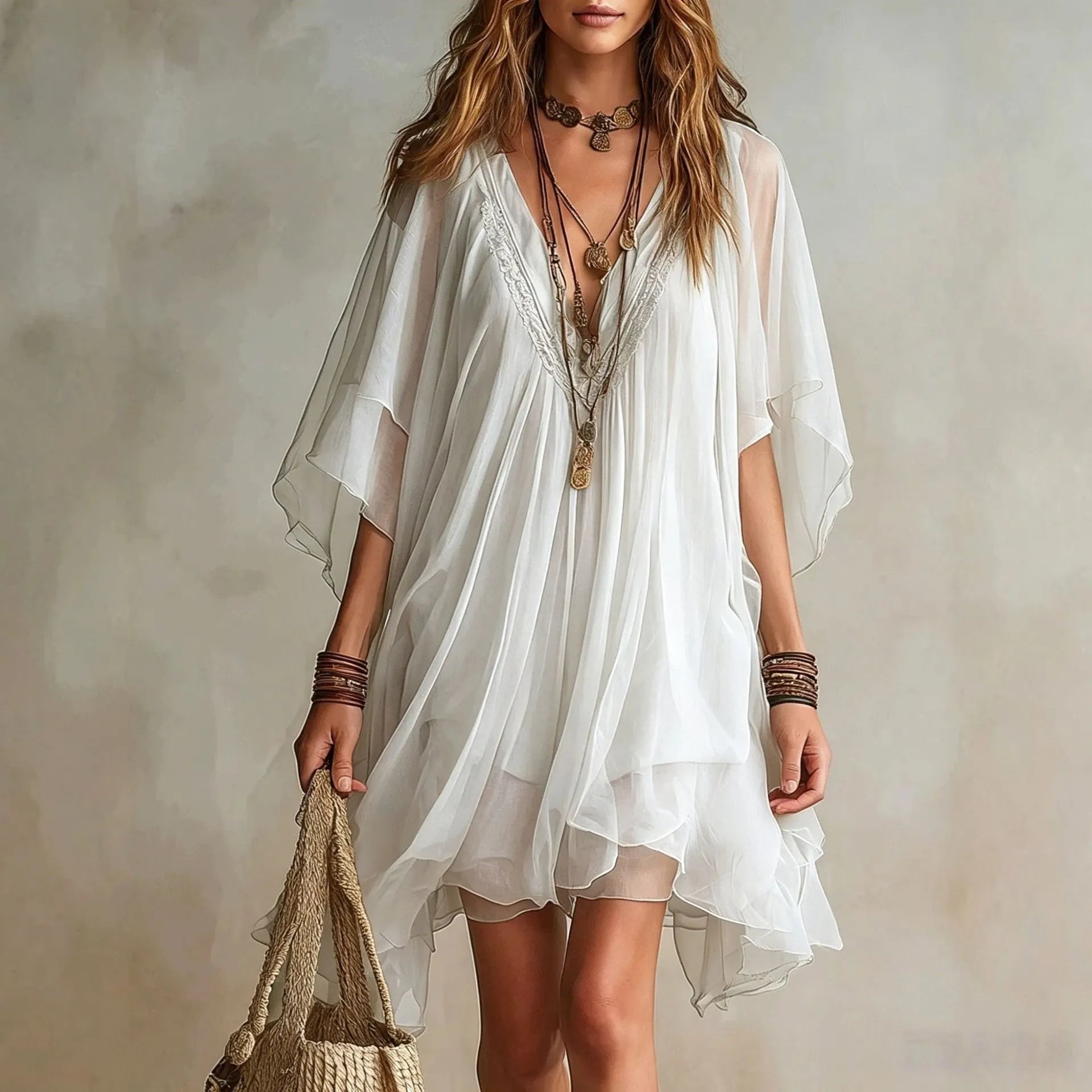 Deep V Neck Sheer Five-Quarter Sleeve Loose Irregular Hem Chiffon Mini Dress