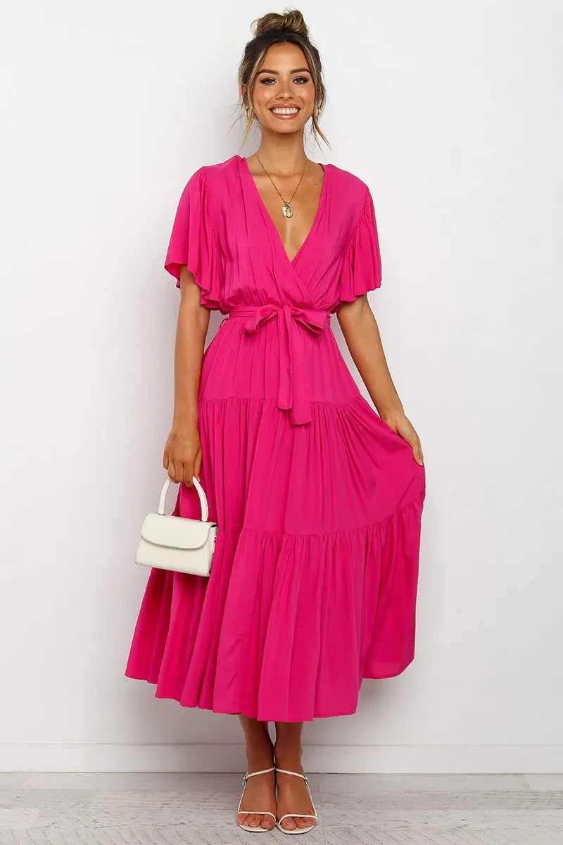 V Neck Flutter Short Sleeve Belted Tiered Maxi Swing Dress