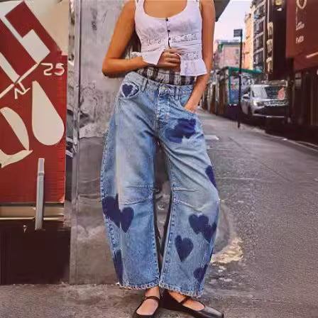 Heart Print Loose Wide Leg Casual Denim Pants