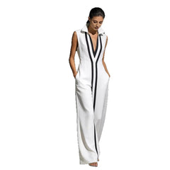 Contrast Piping Deep V-Neck Collared Sleeveless Loose Maxi Dress