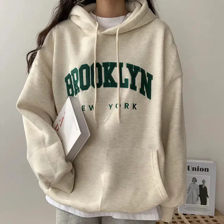 Brooklyn New York Letter Embossed Oversized Pullover Hoodie Casual Loose Sweatshirt