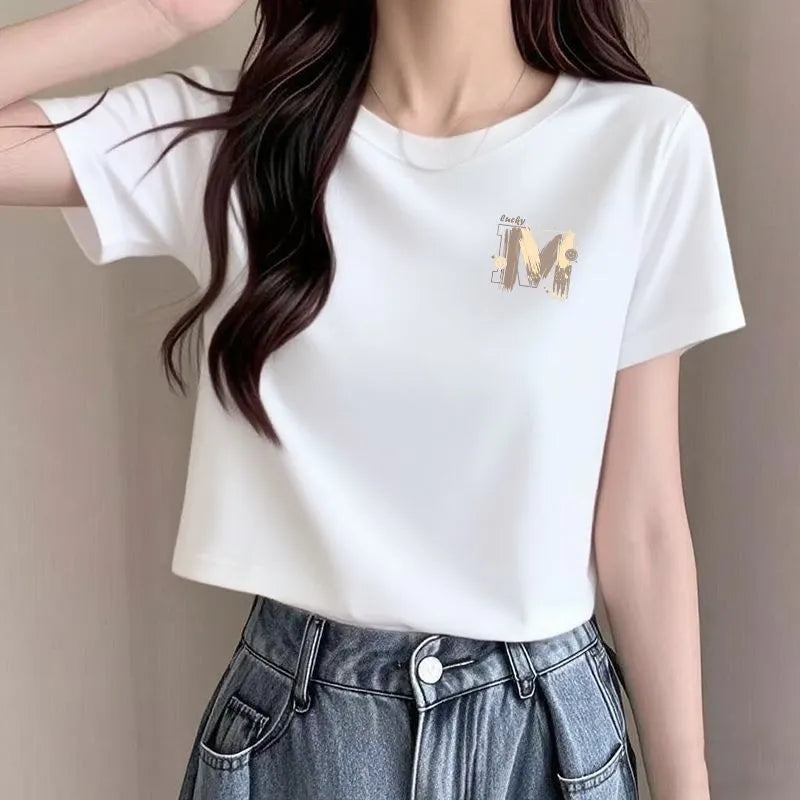 Crew Neck Letter M Print Slim Cropped Short Sleeve Cotton T-shirt