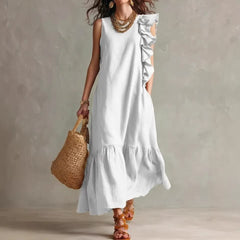 Pleating Blue Ruffle Sleeveless Tiered Maxi Dress