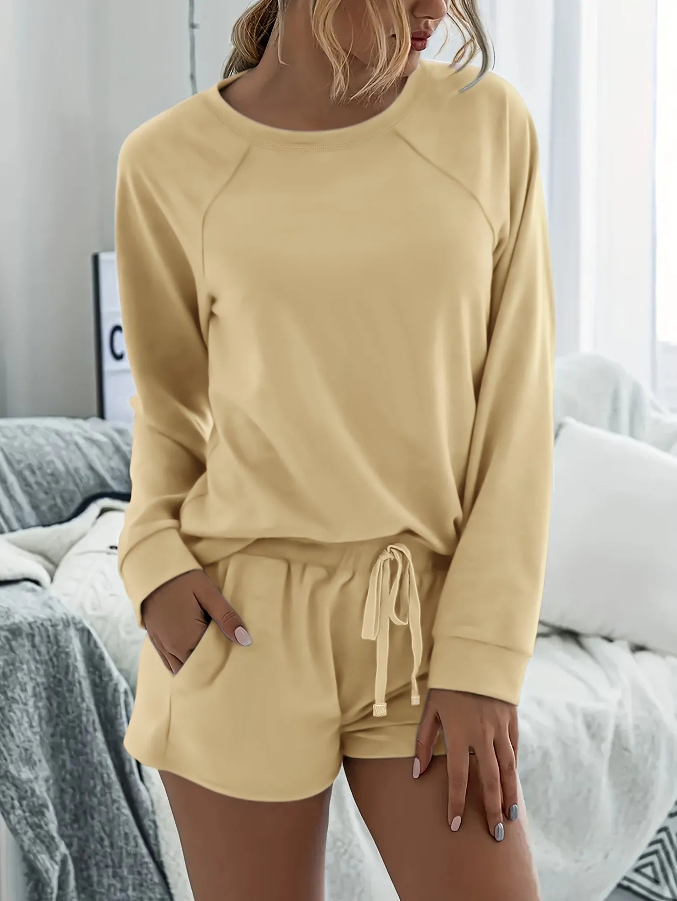 Crew Neck Solid Raglan Long Sleeve Top & Drawstring Shorts Pajama Set