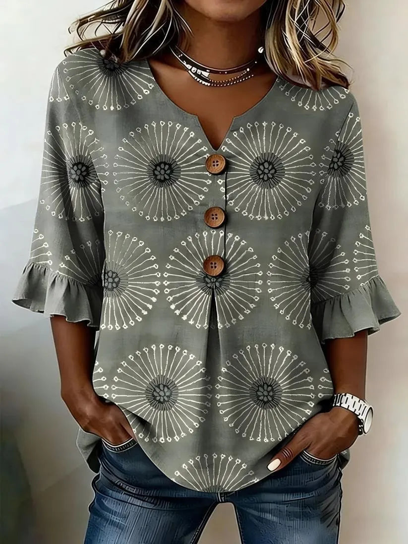 Round Neck Floral Printed Single Breasted 3/4 Ruffle Sleeve Loose Blouse