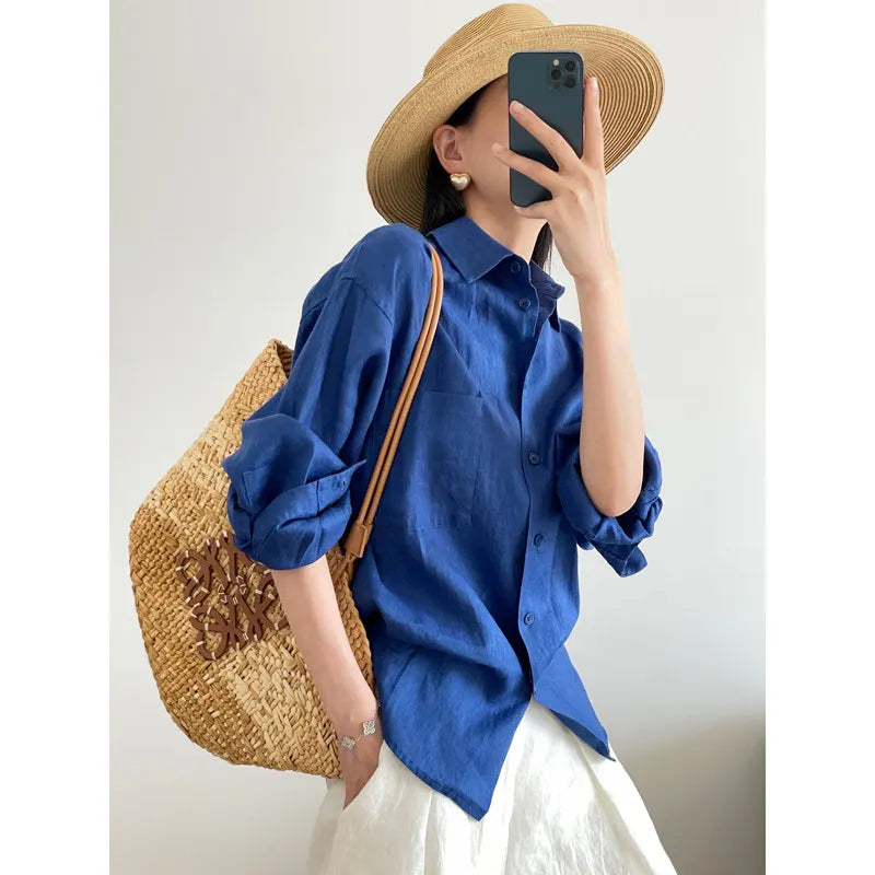 Solid Linen Chest Pocket Oversized Long Sleeve Button Shirt