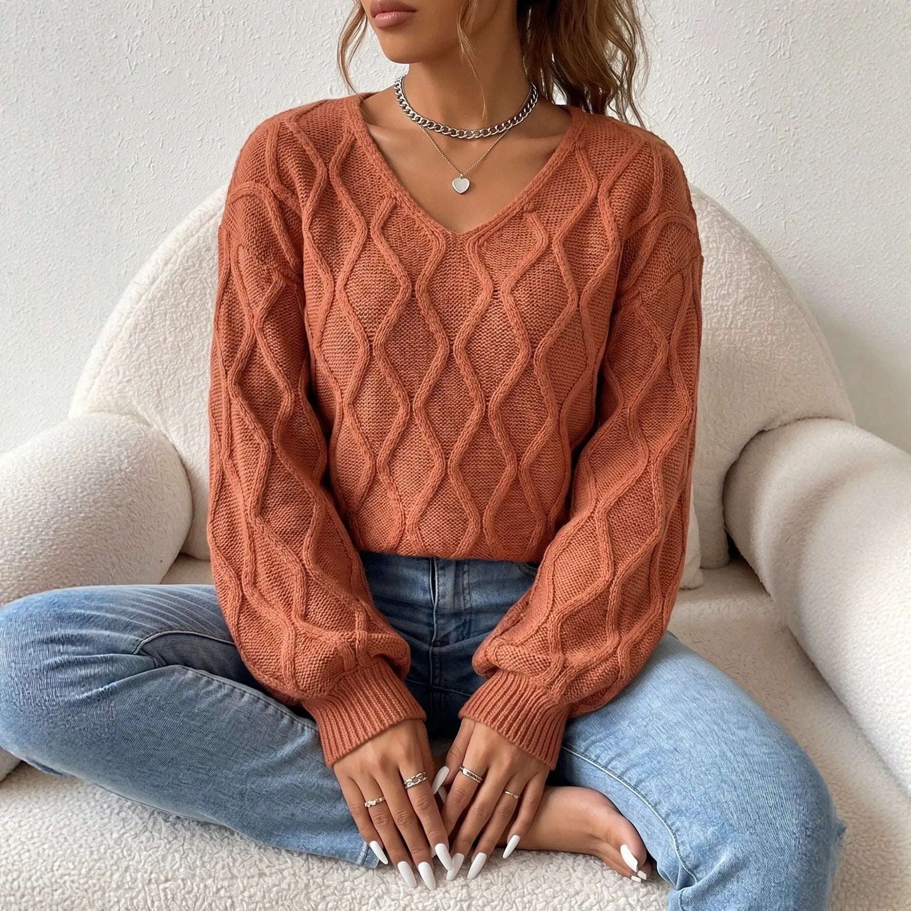 Terracotta V Neck Cable Knit Sweater Long Sleeve Loose Diamond Textured Pullover