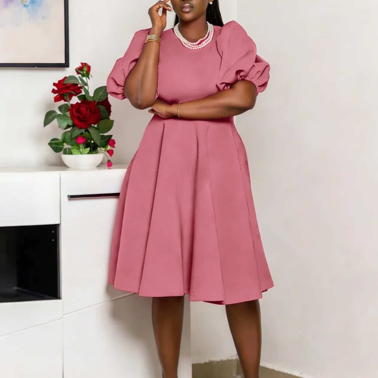 Plus-Size Pink Puff Sleeve Fit-and-Flare Midi Dress