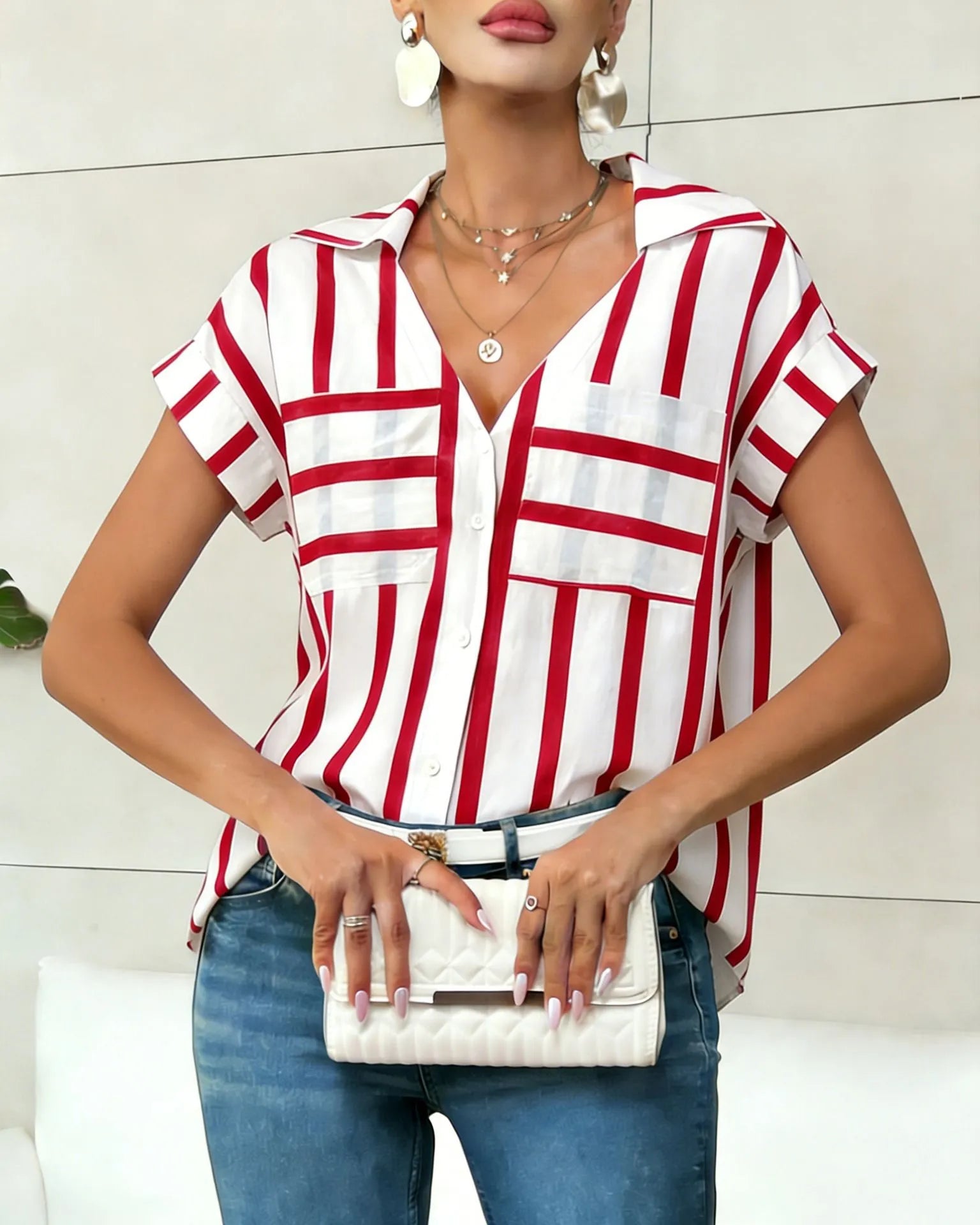 Striped Print V-Neck Batwing Sleeve Pocket Shirt