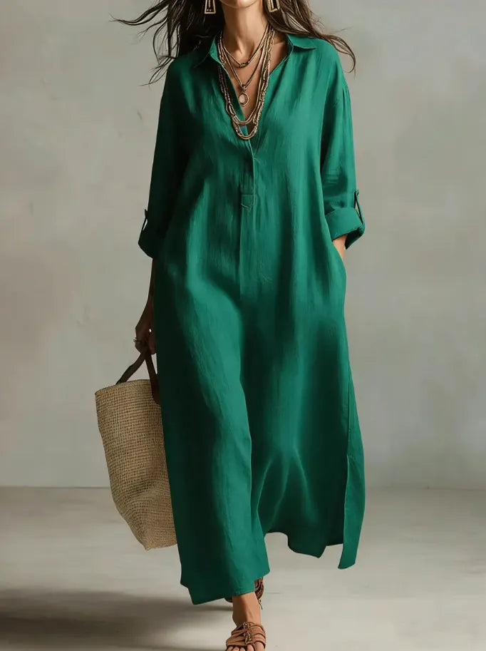 Shirt Collar Seven-Quarter Sleeve Loose Cotton Linen A-Line Maxi Shirt Dress