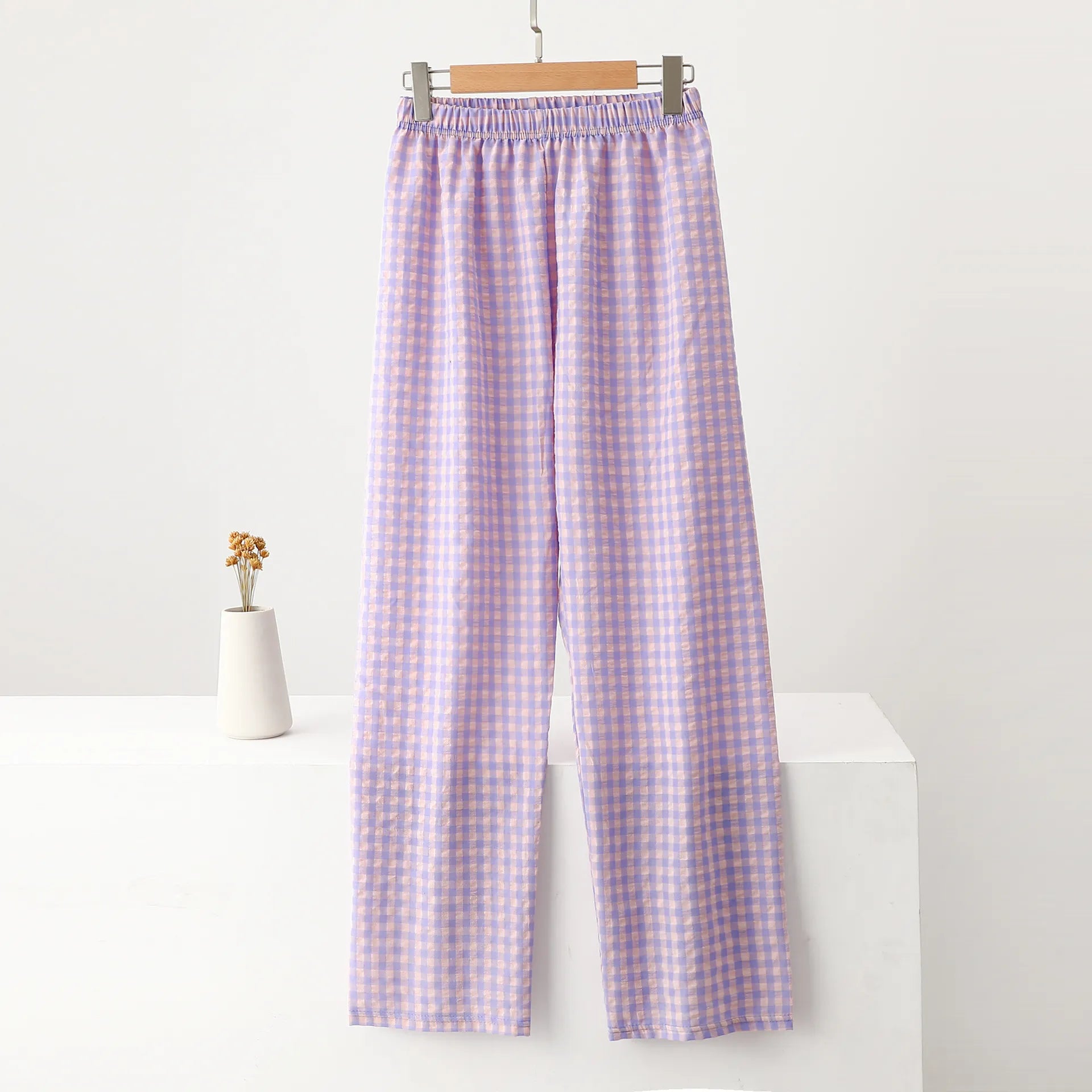 Plaid Elastic Waist Wide Leg Pants