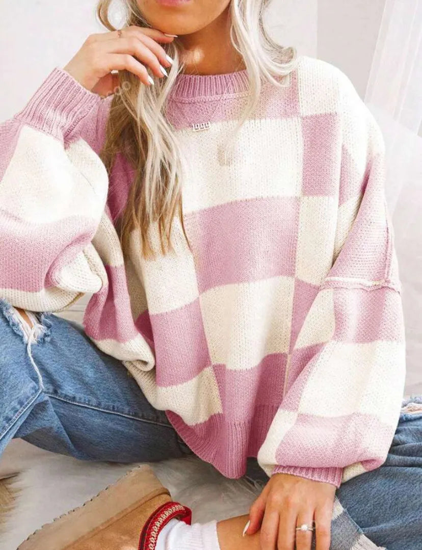 Checkerboard Color Block Crew Neck Loose Pullover Sweater