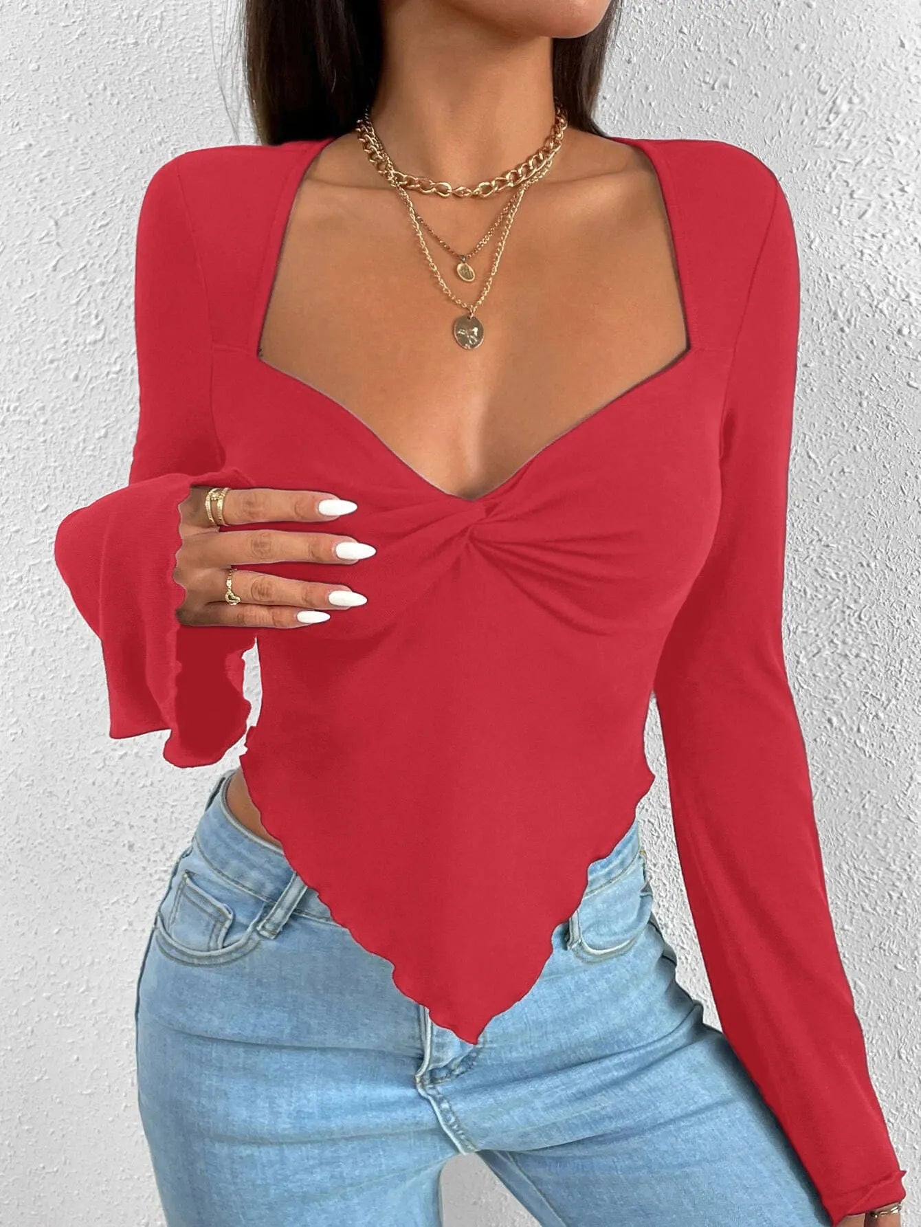 Twist Front Sweetheart Neck Blouse, Flare Long Sleeve Asymmetrical Hem Top (4 Colors)