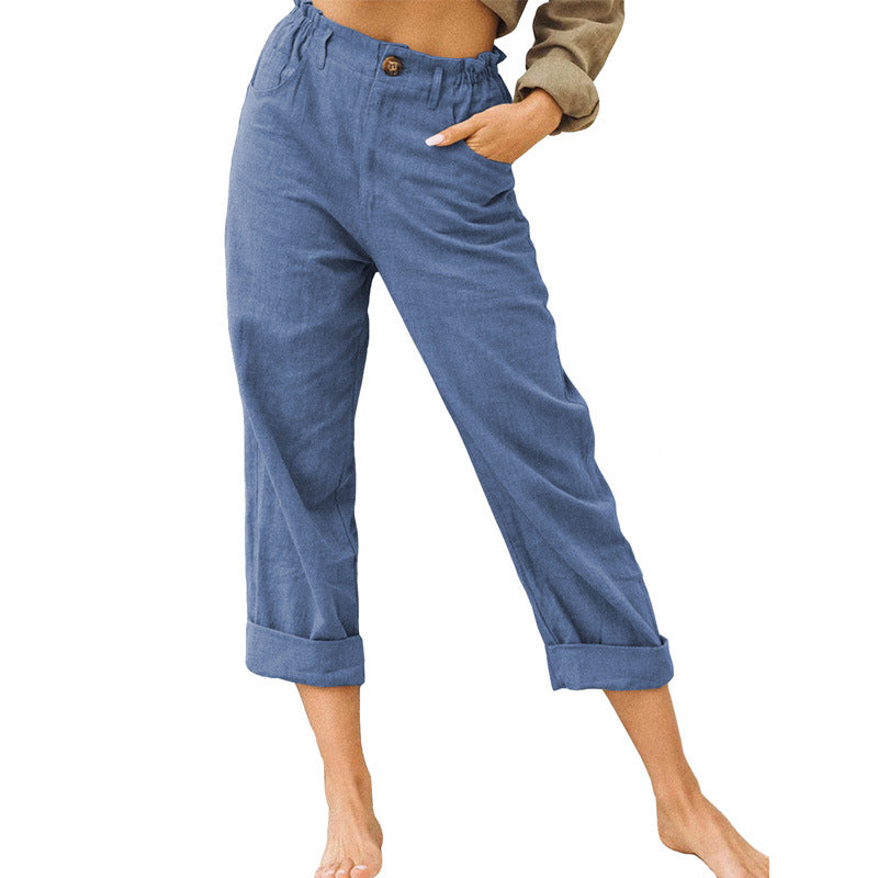 Linen Blend Rolled Cuff Cropped Pants