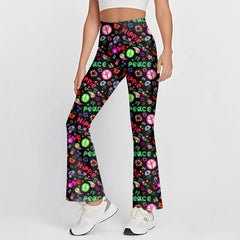 High Waist Hippie Peace Print Flared Casual Pants
