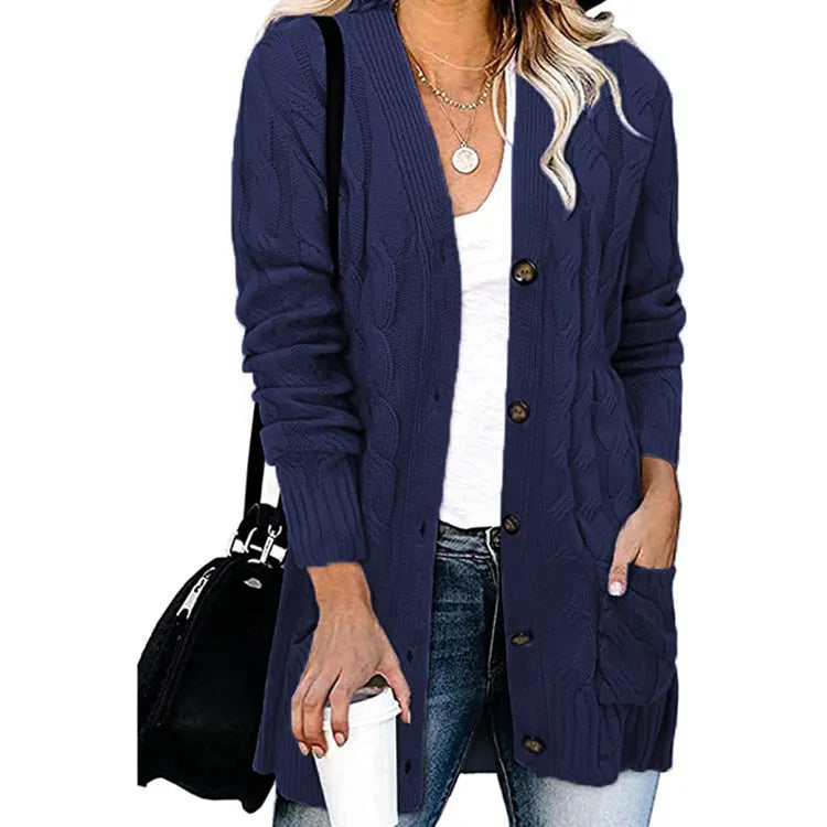 Casual Long Sleeve Cable Knit Cardigan Ladies Mid Length Open Front Button Sweater Jacket