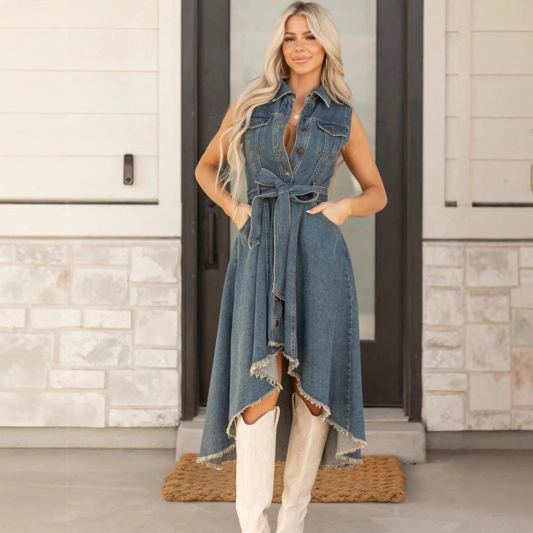 Lapel Sleeveless Single Breasted Belted Irregular Fringe Hem Denim Midi Dress