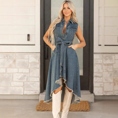 Lapel Sleeveless Single Breasted Belted Irregular Fringe Hem Denim Midi Dress