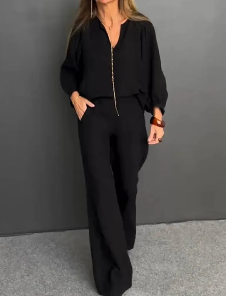 V-Neck Puff Sleeve Top & Wide Leg Pants Solid Two-Piece Casual Set