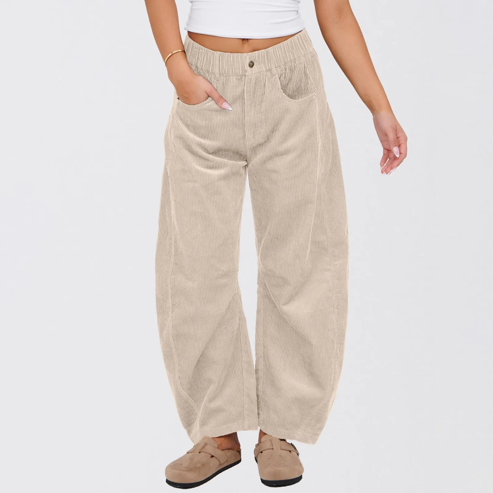 Corduroy Elastic High Waist Barrel Wide Leg Pants