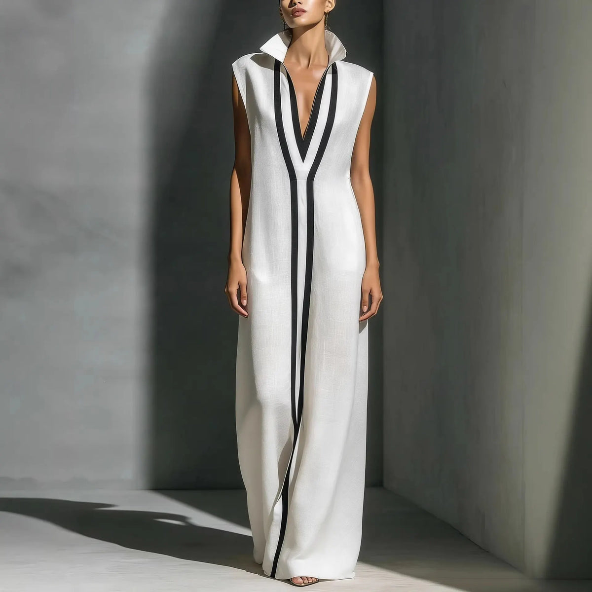 Contrast Piping Deep V-Neck Collared Sleeveless Loose Maxi Dress