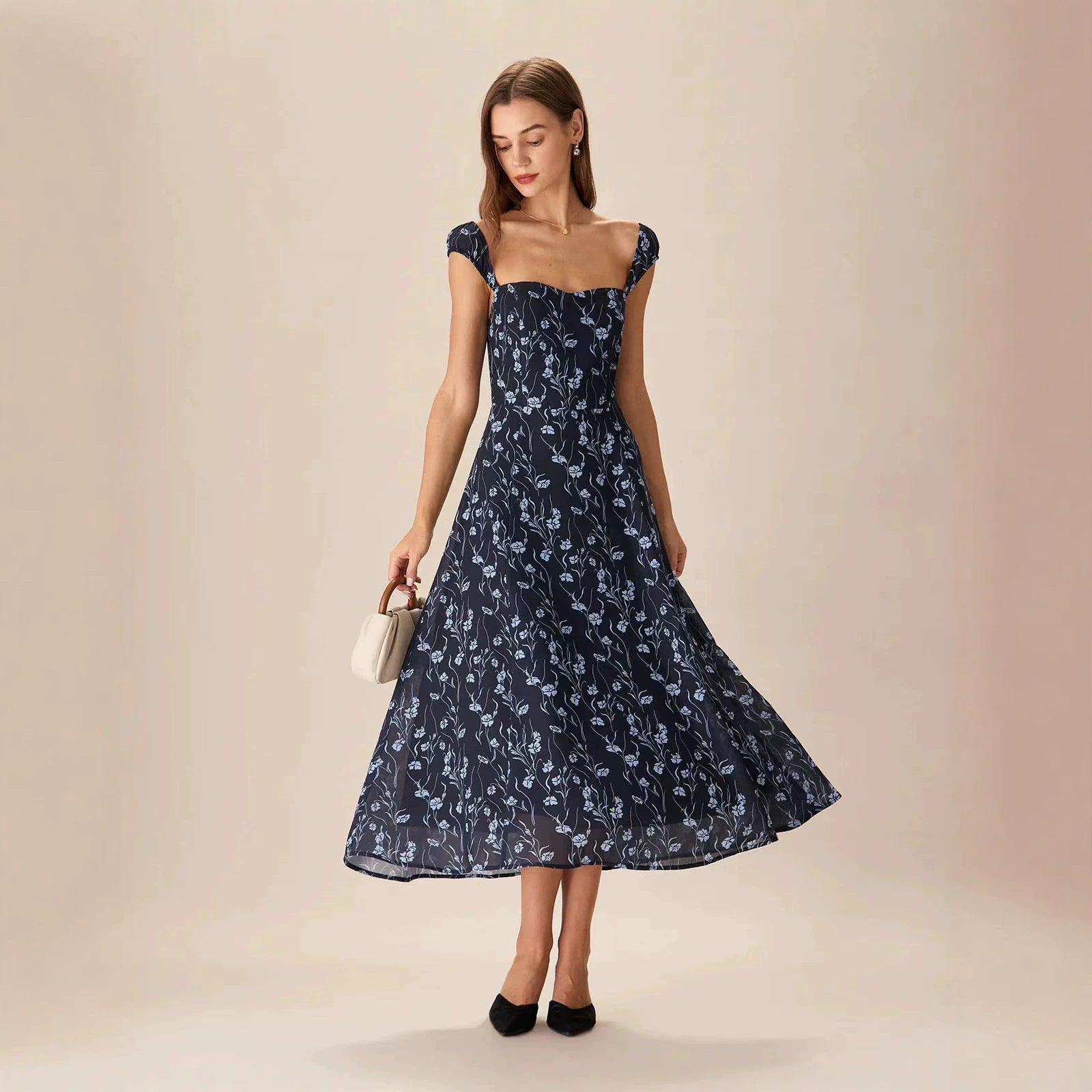 Sweetheart Cap Sleeve Allover Floral Print High Waist Split Midi Dress