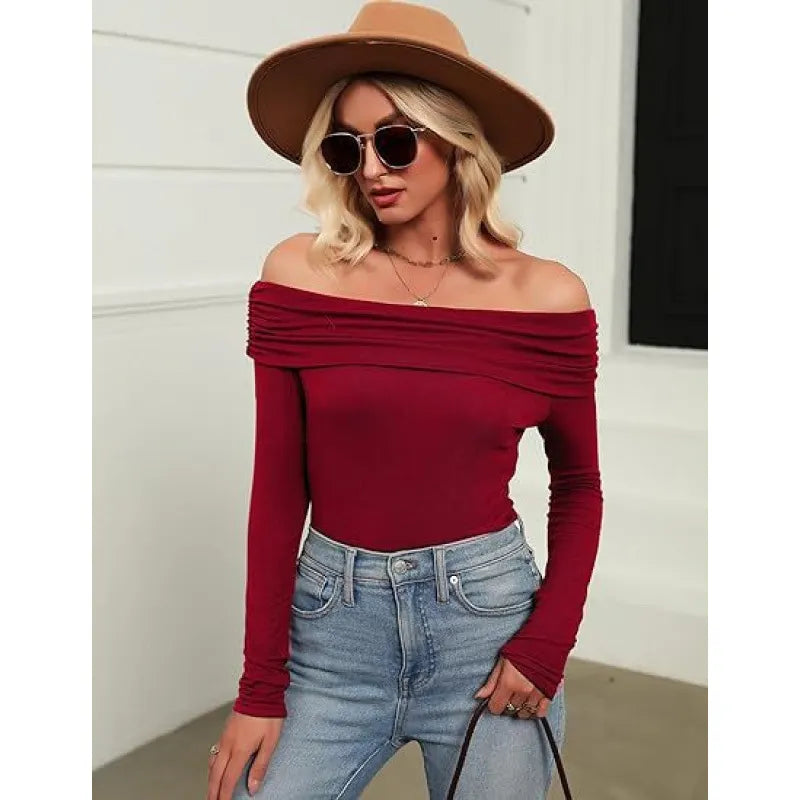 Off Shoulder Long Sleeve Slim Fit Solid Pullover Top
