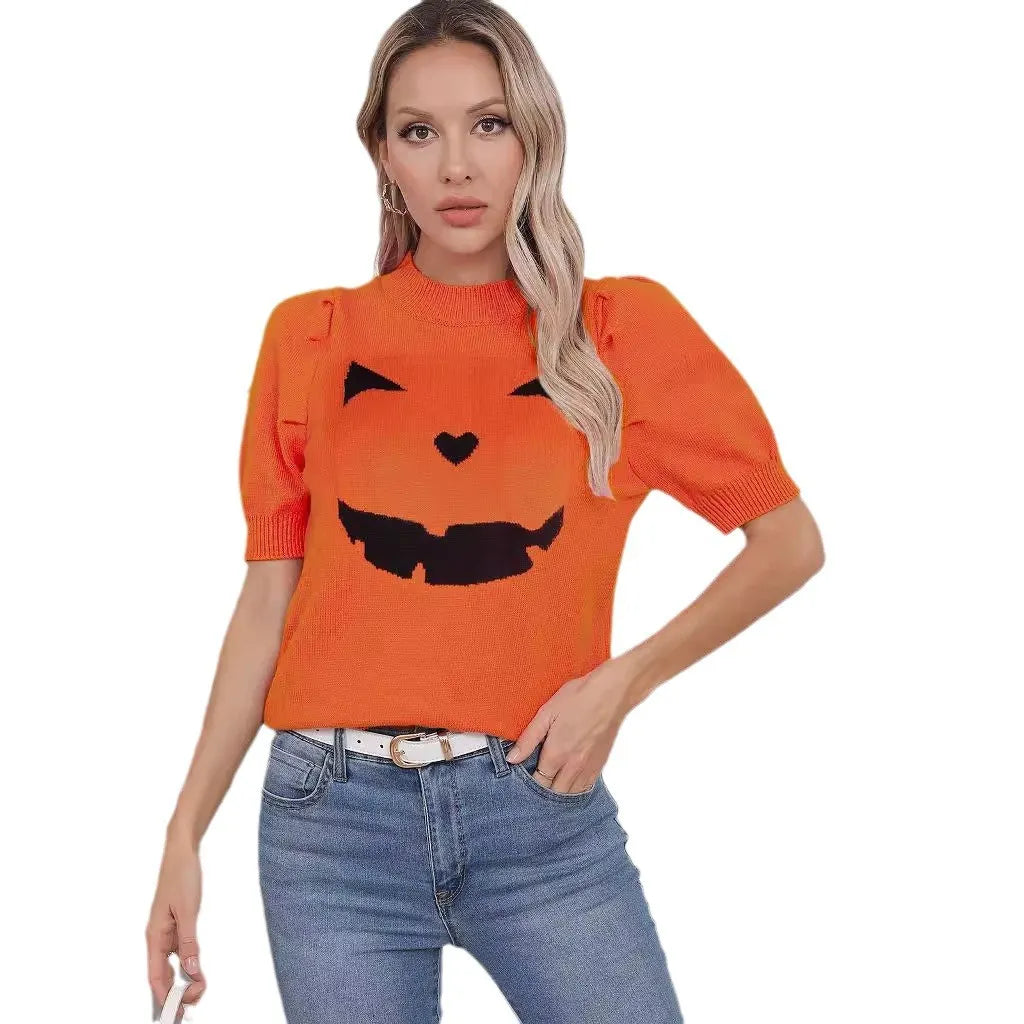 Halloween Pumpkin Face Crew Neck Short‑Sleeve Sweater