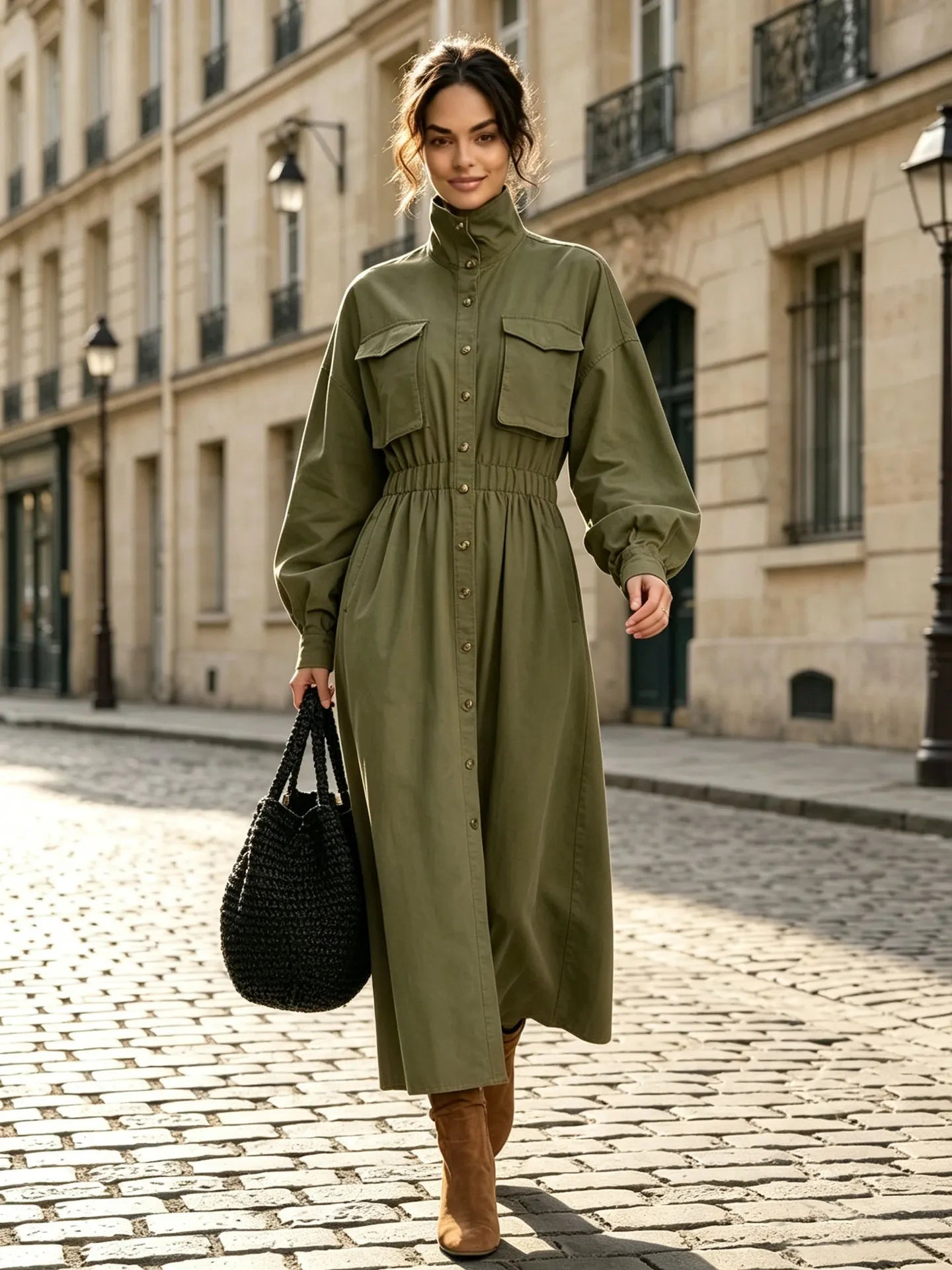 Ladies High Neck Button Down Midi Dress Long Sleeve Chest Pockets Cinched Waist Brown Autumn Dress
