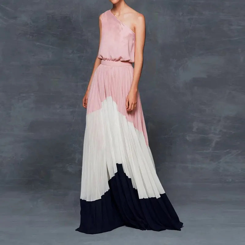 One Shoulder Color Block Printed Maxi Dress