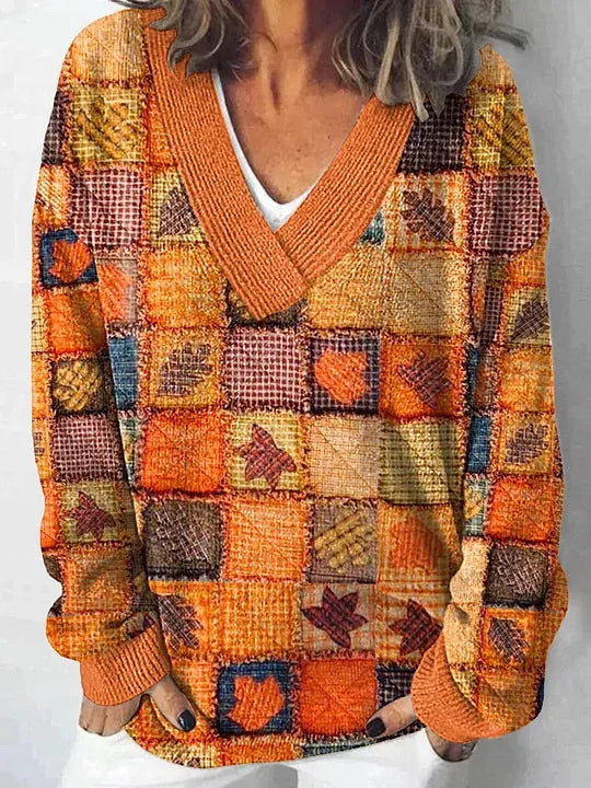 Halloween Pumpkin Print V‑Neck Sweater