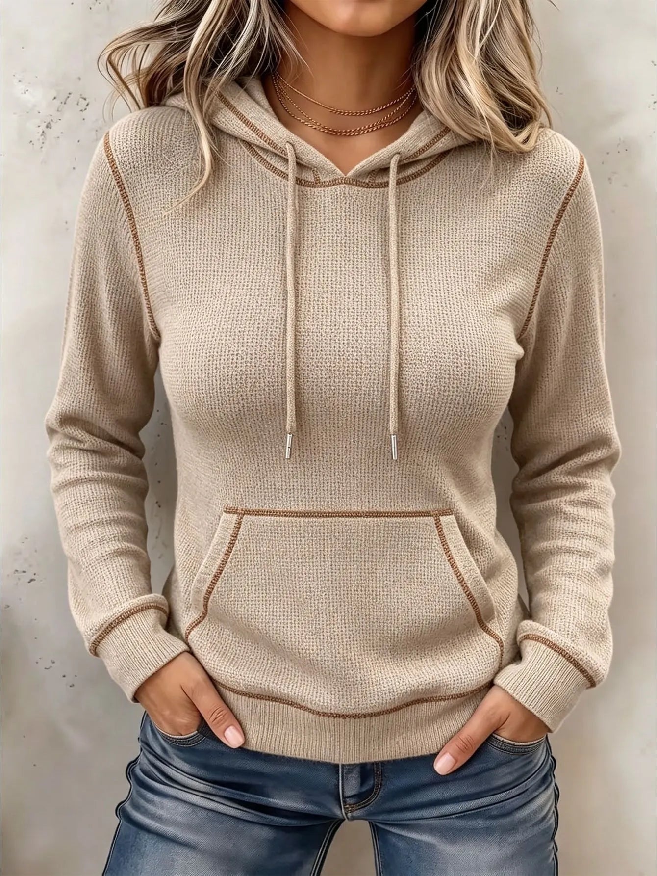 Casual White Waffle Knit Hoodie for Contrast Stitching Long Sleeve Pullover