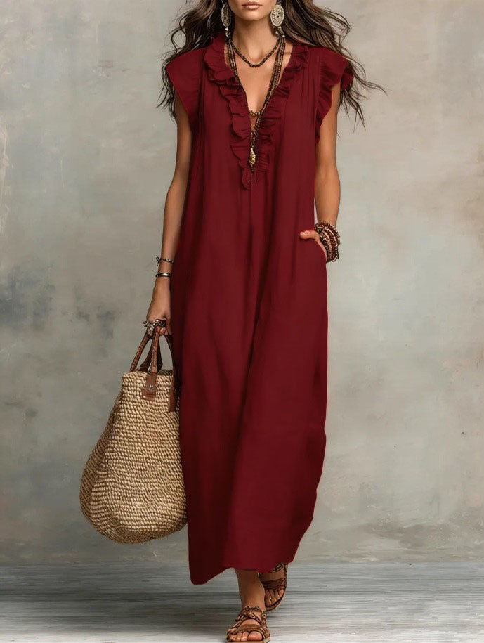 Ruffle-Trimmed Linen-Blend Maxi Dress
