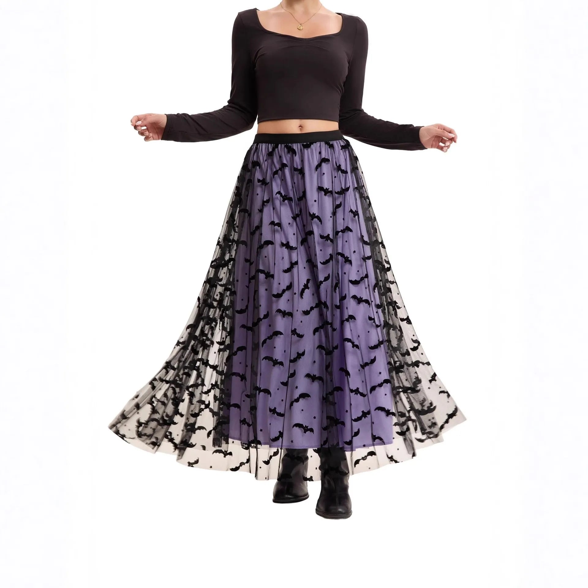 Halloween Red Base Skull Flocking Tulle Layered Midi Skirt