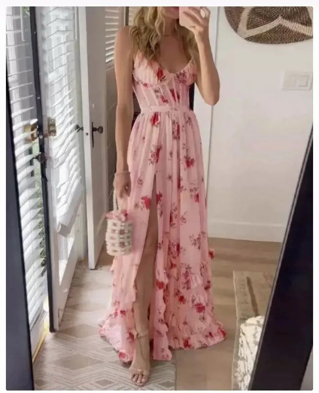 Floral Print Corset Style Sleeveless Maxi Dress