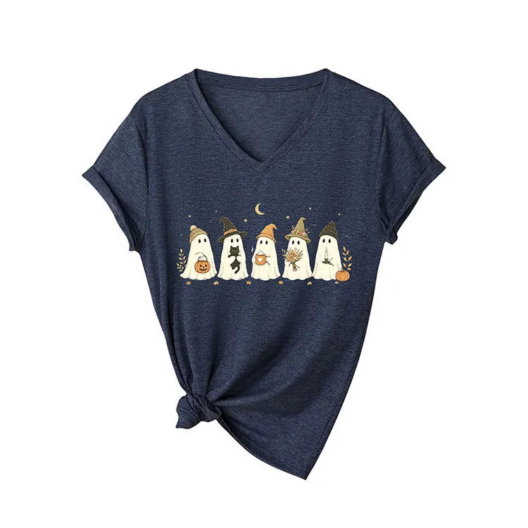 Cute Fall Ghosts Halloween V‑Neck T‑Shirt