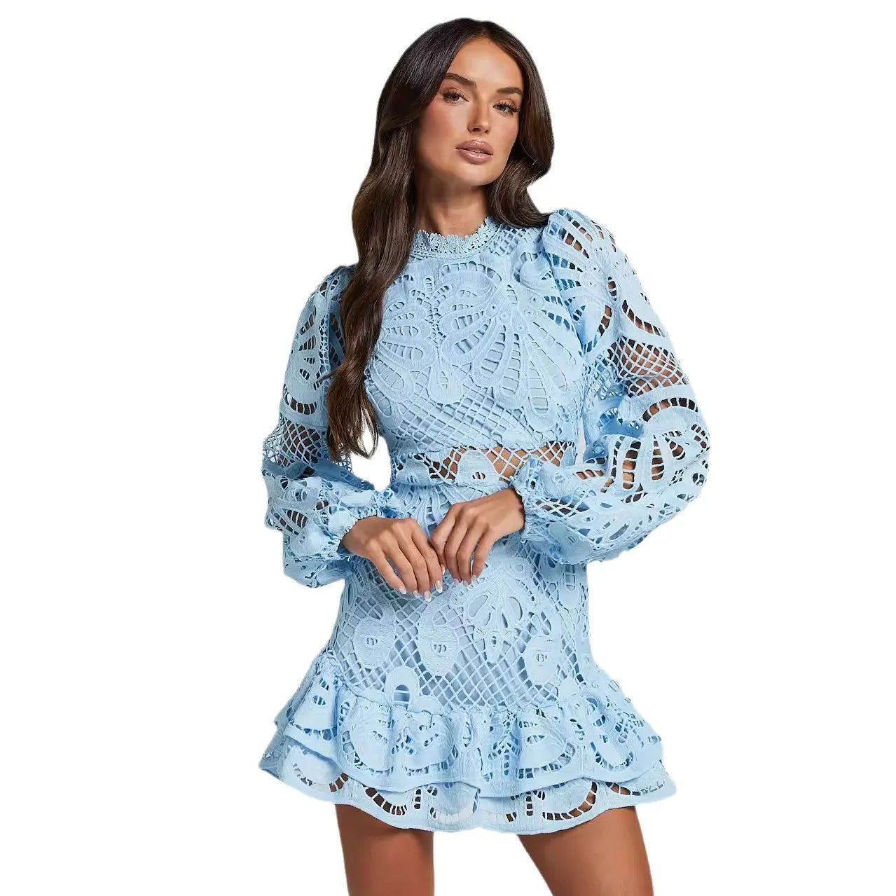 Lace Mini Dress, Cutout Waist Bishop Sleeve Ruffle Hem Party Dress