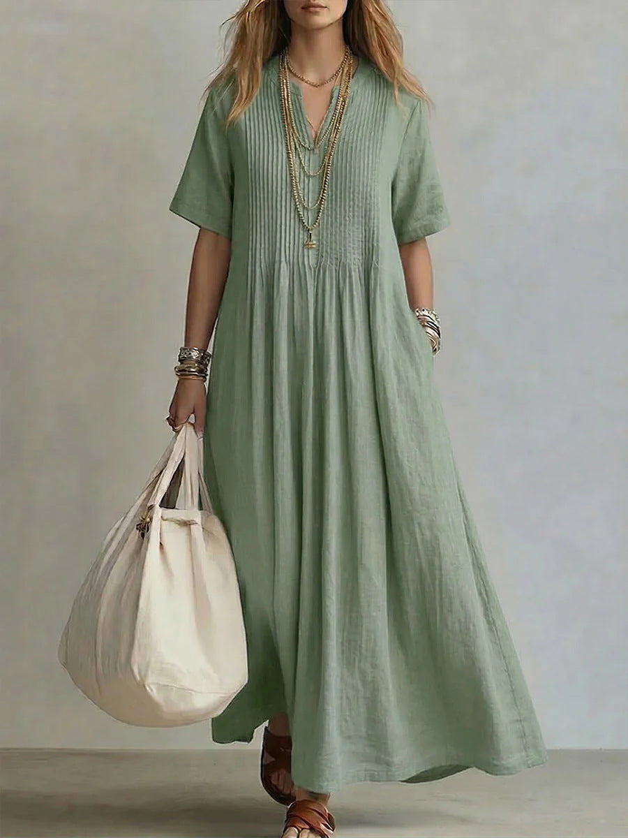 V‑Neck Short Sleeve Cotton Linen Loose Maxi Dress