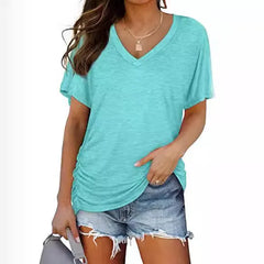 V-Neck Solid Color Loose Short Sleeve Rayon Blend Casual T-shirt
